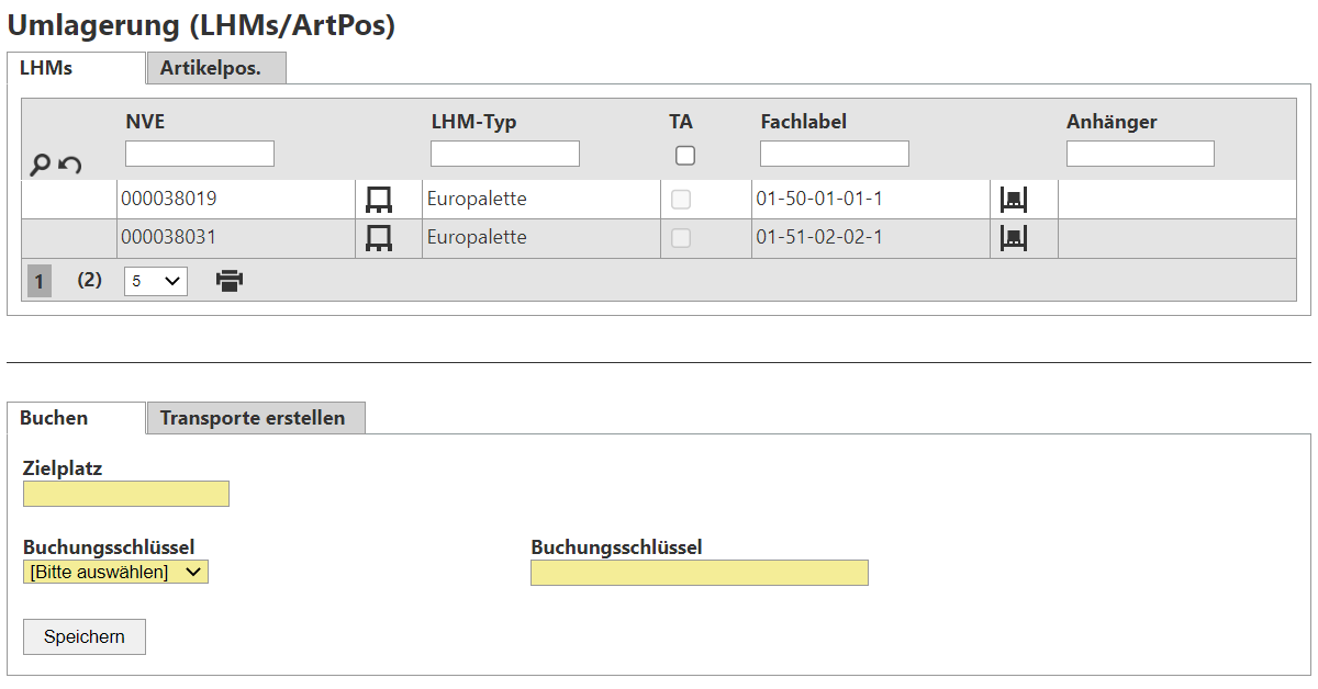 Übersicht Umlagerungs-Dialog